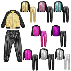 Kids Boys Girls Shiny Performance Costume Hip Hop Street Dance Workout Tracksuit - Picture 1 of 115