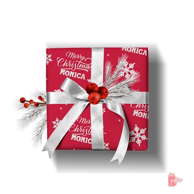 Christmas Name Personalized Custom White Traditional Red Snowflake Gift Wrapper - Image 1 of 4