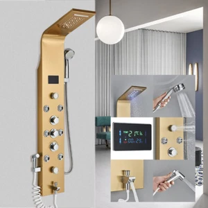 Pannello doccia oro acciaio inox ugelli massaggianti doccia a pioggia cascata colonna doccia set - Foto 1 di 11