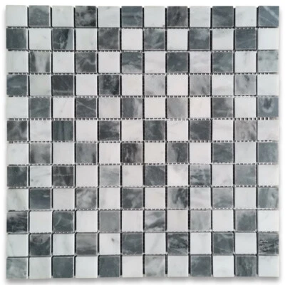 C247XP Carrara White Bardiglio Gray Marble Checkerboard Mosaic Tile Polished - Image 1 of 4