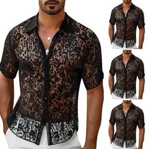 UK Mens Summer Short Sleeve Button Blouse Lace Crochet Hollow Tops Party T Shirt - Picture 1 of 8