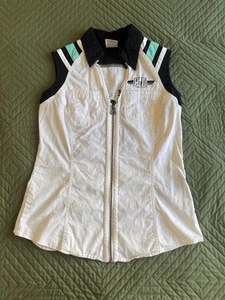 Camisa sin mangas Harley Davidson para mujer garaje talla pequeña cremallera blanca bordada - Imagen 1 de 9