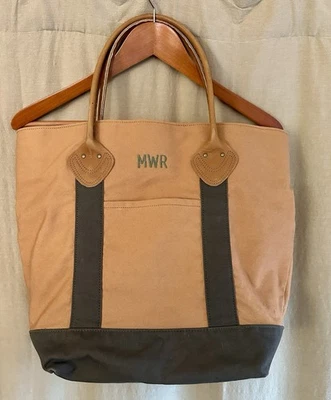 VTG LL Bean Tote Canvas Freeport Maine Brown Striped Leather Handle Tote Bag - Image 1 of 4