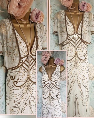 berkertex cream gold Dress Lace beaded wedding Occasion 20s gatsby evening 20 - Image 1 of 4