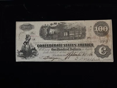1862 $100 CONFEDERATE STATES OF AMERICA CSA Currency  T-40. Cr-298 - Image 1 of 4