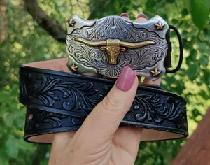 Tony Lama Vintage Black Tooled Genuine Leather Belt with Steer Buckle KIDS 10/22 - Picture 1 of 7