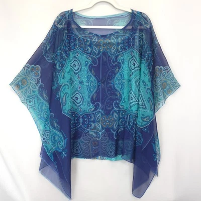 Dressbarn Blouse Women 2X Blue Paisley Sheer Overlayered Tank Top Beachy Boho - Image 1 of 4
