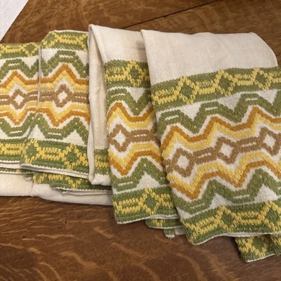 "JUEGO DE 4 PANELES DE CORTINA DE CAFÉ VINTAGE RETRO BORDADOS VERDE AMARILLO 29x28""" Foto 1 de 4