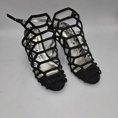 Zapatos de tacón abierto con correa al tobillo Brash para mujer talla 7 negros hechos por todo el hombre. Foto 1 de 4