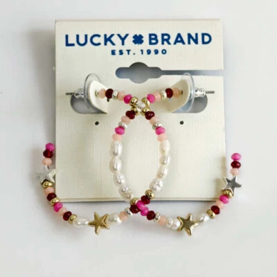New Lucky Brand Star Bead Hoop Earrings Gift Fashion Women Party Holiday Jewelry - Image 1 of 3