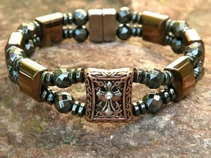 Copper n Black Magnetic Hematite Bracelet Anklet 2 Row Cross Slider - Picture 1 of 5