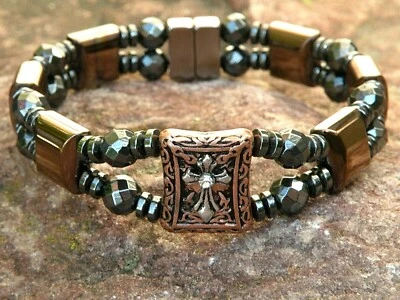 Pulseira magnética hematita cobre n preta tornozeleira 2 fileiras controle deslizante cruzado - Imagem 1 de 4