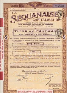 AKTIE, TRÄGERTITEL LA SEQUANAISE KAPITALISIERUNG. april 1937. Nr. 673997 - Bild 1 von 1