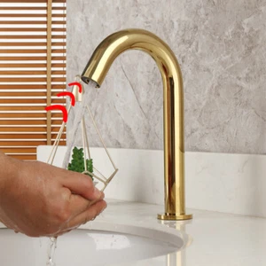 Grifo de lavabo de baño Arc Gold de 10" sin contacto mezclador de lavabo sensor grifo montado en cubierta - Imagen 1 de 7
