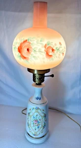Vintage Floral Hand Painted Milk Glass & Porcelain Table Lamp Pink Roses ~ 20.5" - Picture 1 of 13