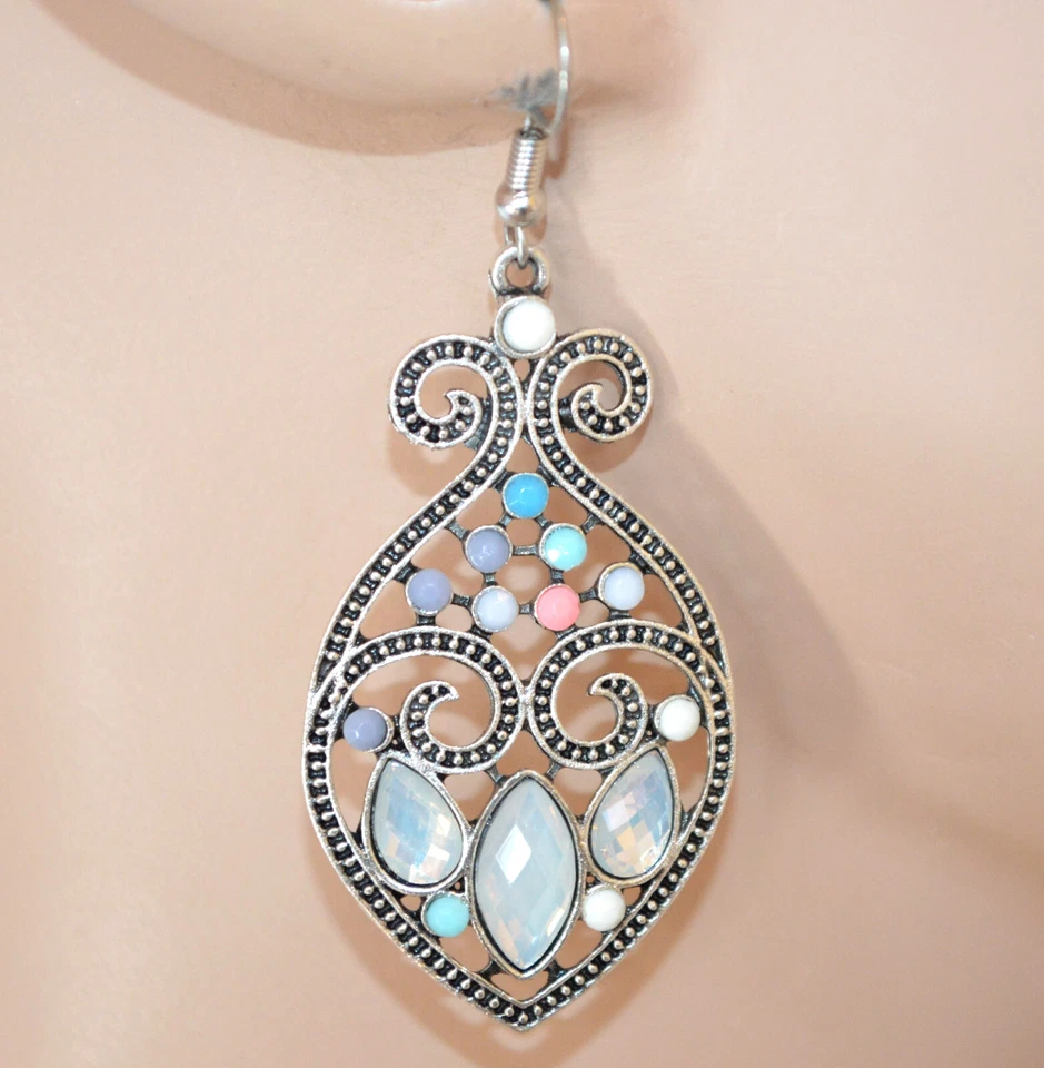 Orecchini donna argento cristalli grigio pendenti gocce perline etnici UD57 - Immagine 1 di 1