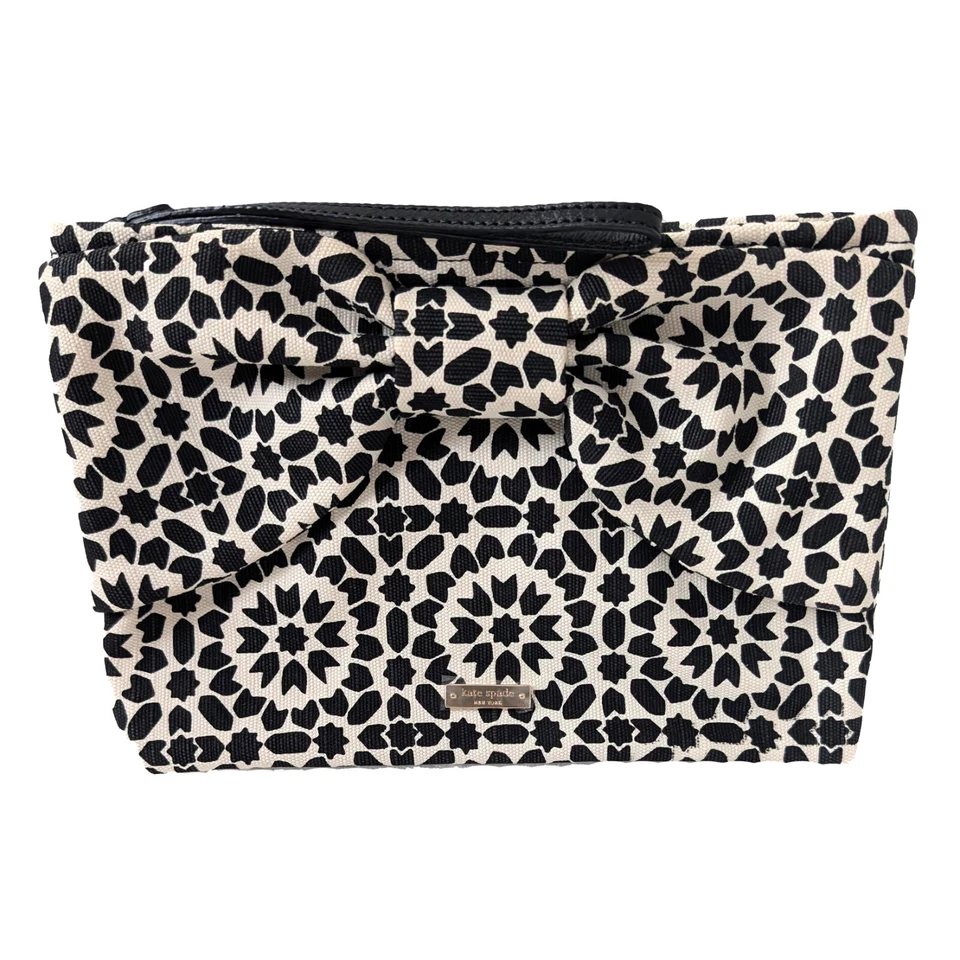 Kate Spade Negro Blanco Estampado Geométrico Floral Mosaico Lazo Muñequera Top Cremallera Bolsa Foto 1 de 4
