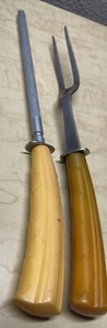 Vintage Carving Tool Bakelite Butterscotch Handle 11” Fork 12.25” Sharpener - Picture 1 of 13