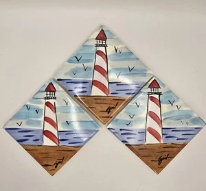 Set of 3 Lighthouse Ceramic Tile Coasters Hand Painted Signed "Gail" - Picture 1 of 6