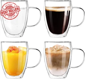 Glass Coffee Mugs 350ml Set of 4 Double Wall Insulated Latte Espresso Cups with - Picture 1 of 9