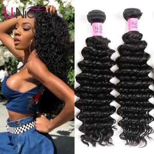 UNice Deep Curly Wave Bundles Human Hair Weave Peruvian Virgin Hair Extension US - Picture 1 of 12