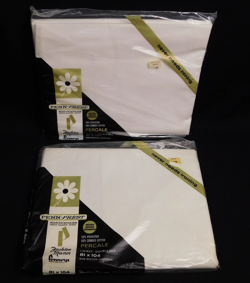 2 NOS Penn-Prest Percale JC Penneys Double Bed Sheet Set Flat 60s Vtg 81 x 104 - Image 1 of 4