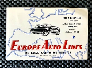 BIGLIETTO DA VISITA EUROPA AUTO LINES LUSSO SERVIZIO NOLEGGIO AUTO PARIS FRANCIA - Foto 1 di 4