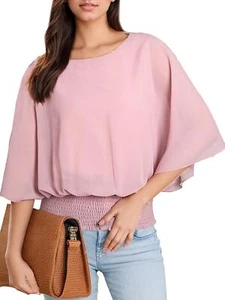 Women's Tops Dressy Casual 3/4 Sleeve Crewneck Business Casual Chiffon Blouses - Picture 1 of 16