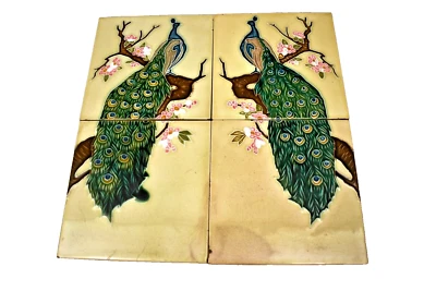 Antique Tile Peacock Couple Complete Set Japan Majolica 4 Tiles Circa 1910-1920" - Image 1 of 4