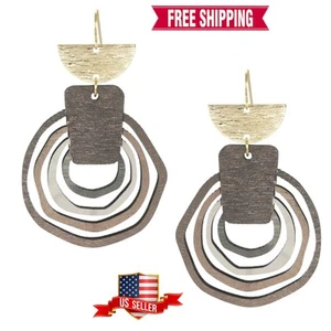 Brown Abstract Hoop Wood and Gold Boho Statement Earrings, 18K Gold Ear Wires - Picture 1 of 5