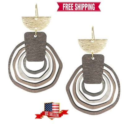 Pendientes Boho de Aro Abstracto Marrón Madera y Oro, Alambres de Oreja de Oro 18K Foto 1 de 4