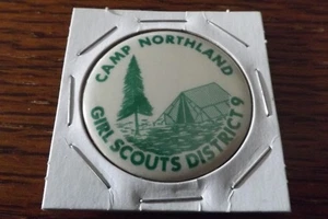 GIRL SCOUT PINBACK BOTÓN CAMPAMENTO NORTHLAND DISTRICT 9 1.5" ST LOUIS BUTTON CO - Imagen 1 de 2
