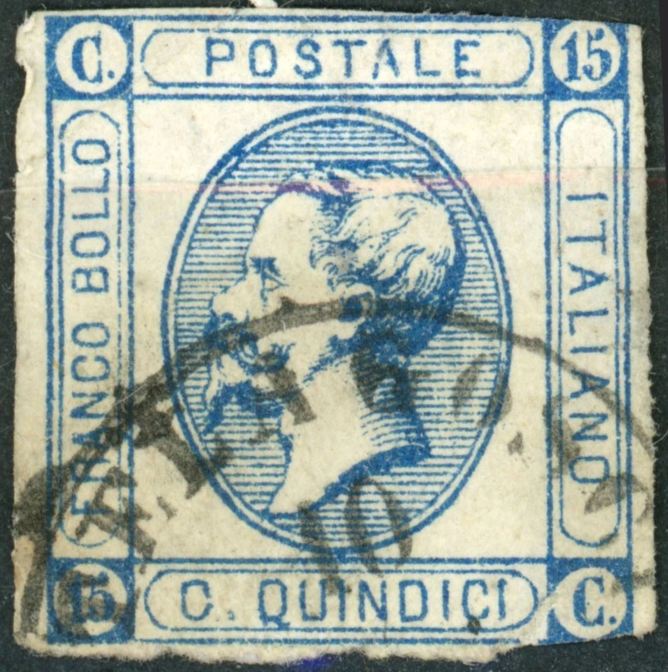 Италия 1863 Sc #23a 15c синий, (тип I), Эммануил II, dmg б/у - Изображение 1 из 1