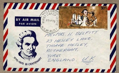 Australia 1970 Small Cook Airmail Bi Centenary FDC Cover to GB UK - image 1 of 2