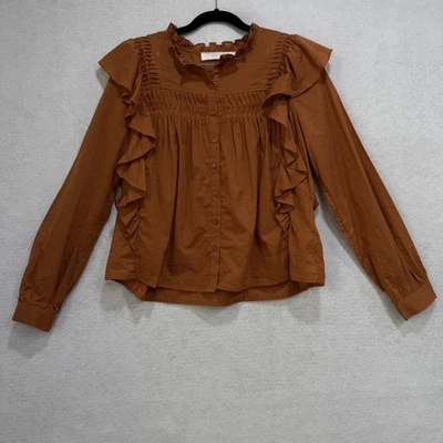 ASTR The Label Blouse Womens XS Ruffle Long Sleeve Button Top Ginger Brown - Image 1 of 4