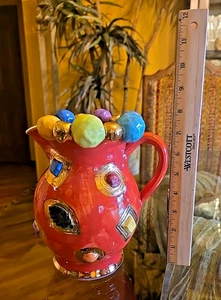 Mary Rose Young Pottery Signed 1997 Pitcher Jeweled Gold Accents Made In England - Picture 1 of 12