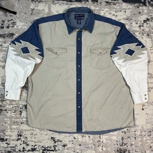 Chemise boutonnée cowboy vintage Wrangler aztèque coude western denim colorblock XXL - Photo 1/11