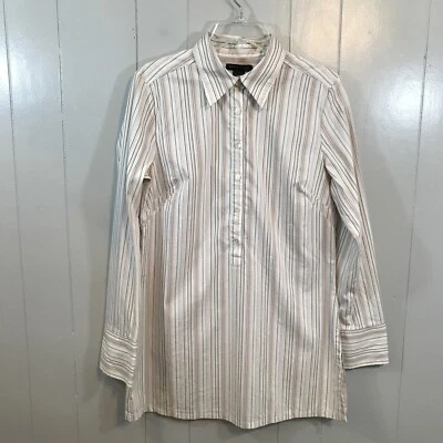 Kenneth Cole Beige Multi Stripe Long Sleeve Buttons Career Casual Popover Top 10 - Image 1 of 4