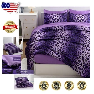 Chic Purple Leopard Print Microfiber Comforter Set, Queen Size Luxury Bedding - Picture 1 of 10
