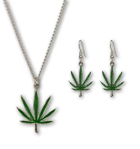 Marijuana Weed Pot Leaf Green Enamel On Pewter Necklace and Earrings Jewelry Set - Picture 1 of 6