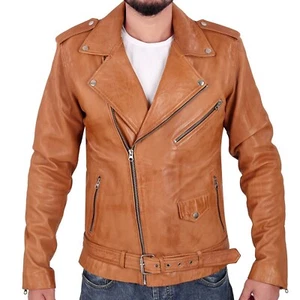 Men's Light Tan Leather Motorcycle Real Sheepskin Biker Jacket - Picture 1 of 5