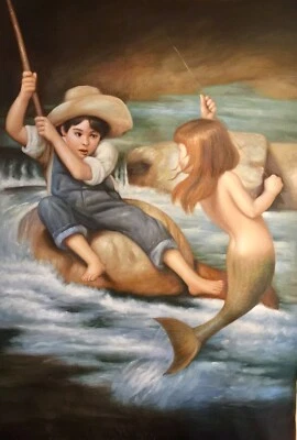 MERMAID Original Painting NOW 75%OFF 36X24 FISHING Nouveau Deco Victorian Modern - Image 1 of 4