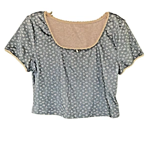 Top corto azul sidra floral cuello redondo manga corta núcleo de cabaña elástico grande - Imagen 1 de 10