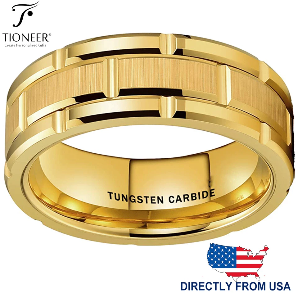 Anel de aliança de casamento de carboneto de tungstênio clássico masculino padrão de tijolo 8mm GRAVURA GRÁTIS - Imagem 1 de 4