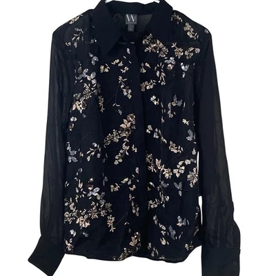 Blusa Worthington Para Mujer Grande Semi Transparente Bordada Lentejuelas Cuello Floral Foto 1 de 4