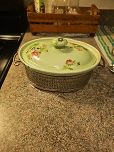 1930s? Royal Rochester Covered Baking Casserole Dish with Metal Stand Green - Picture 1 of 6