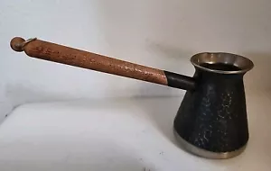 Vintage Turkish Armenian Coffee Pot Hammered Metal Wooden Handle - Picture 1 of 5