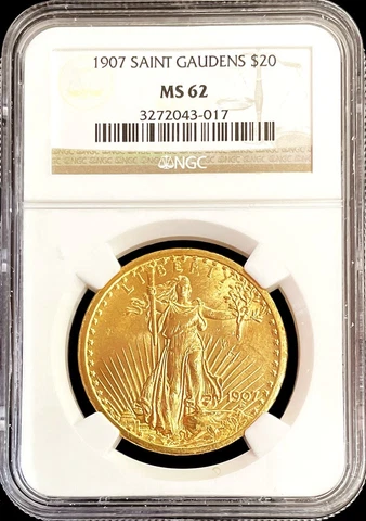 1907 GOLD US $20 SAINT GAUDENS DOUBLE EAGLE COIN NGC MINT STATE 62 Cover