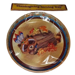 Bandeja redonda de metal de acción de gracias de 12" plumas de tronco de mapache retro de colección sellada - Imagen 1 de 6