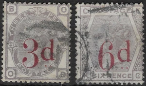 GB 1883. 3d. on 3d, 6d. on 6d. GOOD USED. (6d with thin)  SG. 159, 162.   (B418) - Picture 1 of 2